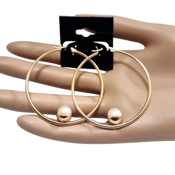 2" Single Pearl Hoops Pierced Stud Earrings Gold Vintage 50mm Stainless Steel - Picture 3 of 3